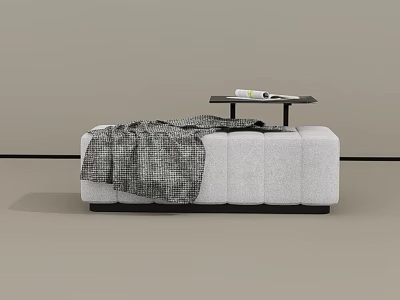 White Sofa Bench With Grey Plaid Blanket And Small Side Table On Top 3d model