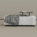 White Sofa Bench With Grey Plaid Blanket And Small Side Table On Top