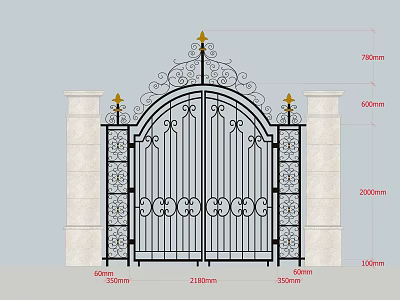Wrought Iron Entrance Gate With Intricate Patterns Stone Pillars And Decorative Top Design 3d model