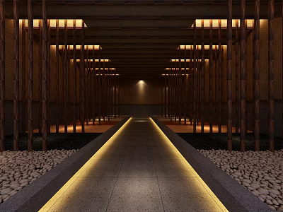Bath Center Interior With Long Corridor Wooden Structures Stone Path LED Strip And Pebble Decor 3d model