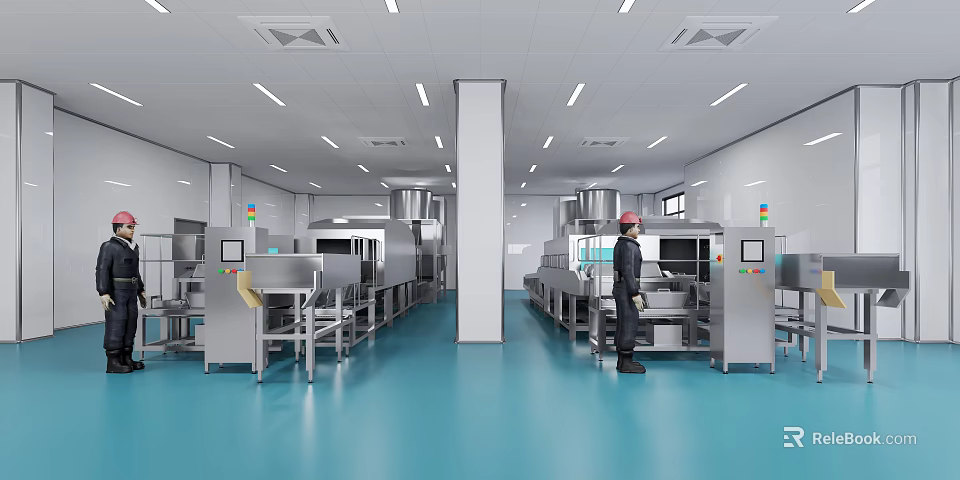 Industrial Food Processing Facility Interior With Stainless Steel Equipment Blue Floor And Worker 3d model 