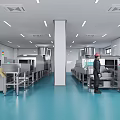 Industrial Food Processing Facility Interior With Stainless Steel Equipment Blue Floor And Worker