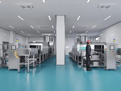 Industrial Food Processing Facility Interior With Stainless Steel Equipment Blue Floor And Worker 3d model
