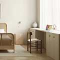 Serene Bedroom Interior Design With Wooden Bed Beige Walls Desk Dried Flowers And Ceiling Fan