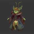 Fantasy Character Creature With Green Eyes Pointed Ears Orange Body Blue Robe And Green Patterns