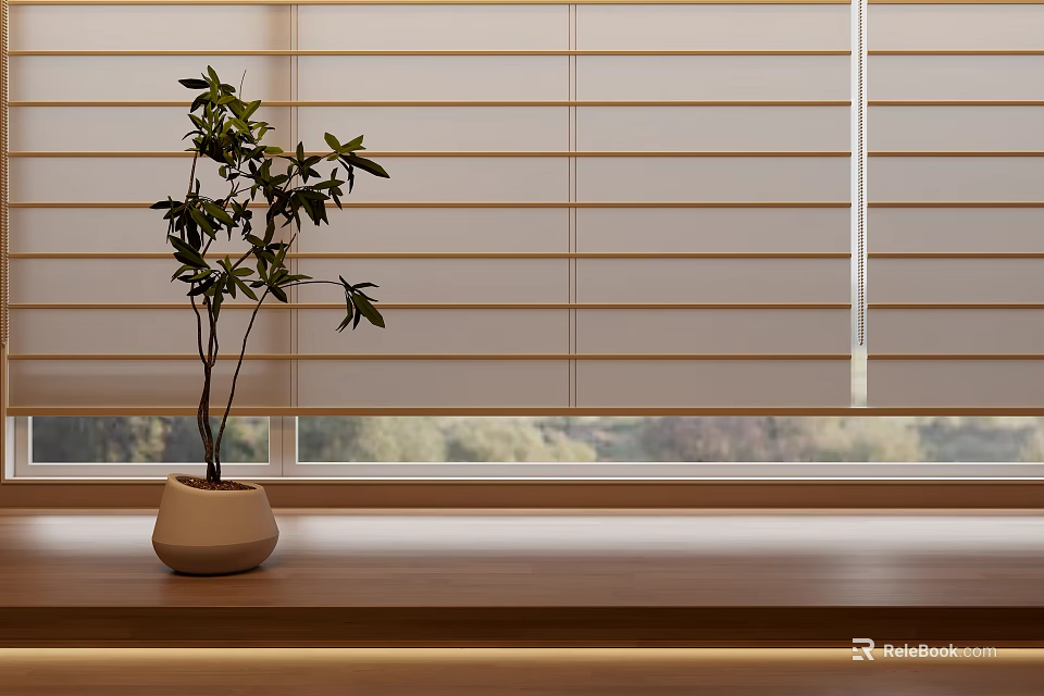 White Window Blinds With Potted Plant On Wooden Windowsill And Outside View 3d model 