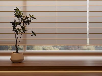 White Window Blinds With Potted Plant On Wooden Windowsill And Outside View 3d model