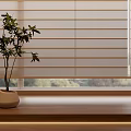 White Window Blinds With Potted Plant On Wooden Windowsill And Outside View