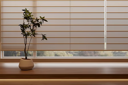 Japanese-style curtain folding roller shutter blackout curtain linen curtain clay pot green plant 3d model