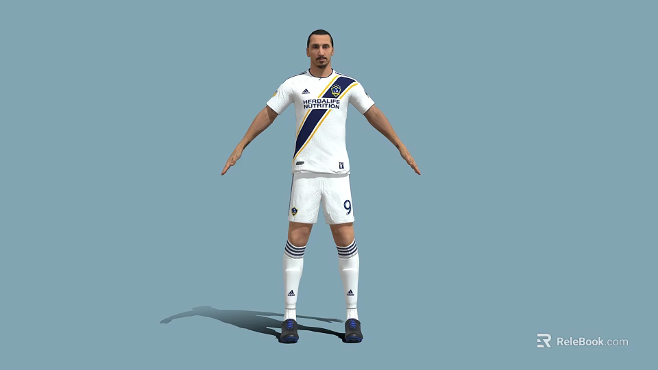 Man Wearing LA Galaxy White Soccer Jersey With Blue Stripes And White Shorts Number 9 3d model 