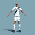 Man Wearing LA Galaxy White Soccer Jersey With Blue Stripes And White Shorts Number 9