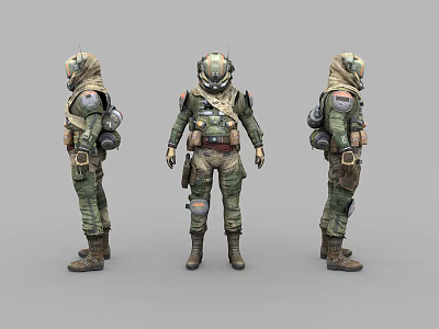 Game Movie Character in Protective Suit with Tactical Gear Three Quarter Front Back Views 3d model