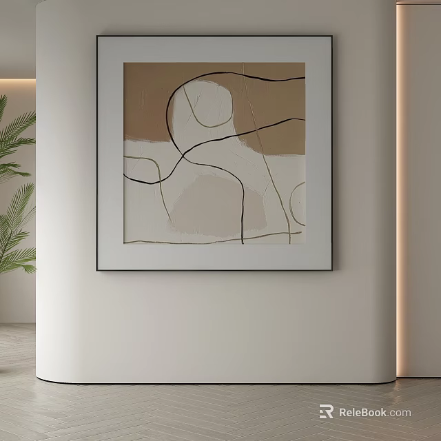 Abstract Painting with Minimalist Lines Neutral Tones and White Frame for Interior Wall Decor 3d model 