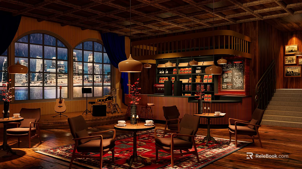 Cozy Café Interior with Wooden Ceiling Large Windows City View Guitar Tables Chairs and Carpets 3d model 