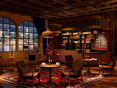 Cozy Café Interior with Wooden Ceiling Large Windows City View Guitar Tables Chairs and Carpets 3d model