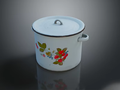 Vintage Enamel Pot With Lid Floral And Berry Patterns White Body Black Rim 3d model