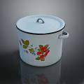 Vintage Enamel Pot With Lid Floral And Berry Patterns White Body Black Rim