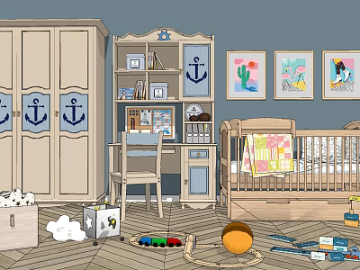 Modern Crib Classical Children's Wardrobe Desk Crib 3d model