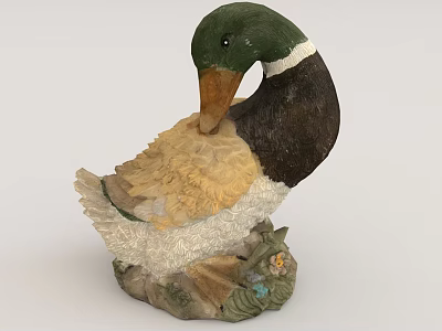 Detailed Carved Duck Sculpture With Green Head Brown Neck Yellow Feathers And Floral Base 3d model