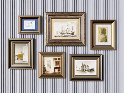 Various Decorative Frames In Different Sizes Hanging On Striped Background Wall 3d model