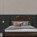 Classic Wooden Double Bed With Brown Leather Headboard Stitched Detail Decorative Pillows And Floor Plant