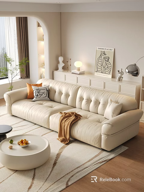 Cozy Living Room With Tufted White Leather Sofa Pillows Brown Blanket And Round Coffee Table 3d model 