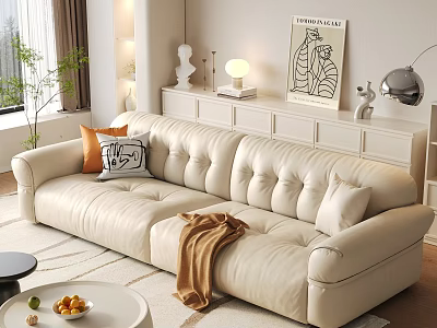 Cozy Living Room With Tufted White Leather Sofa Pillows Brown Blanket And Round Coffee Table 3d model