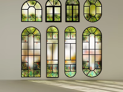 Elegant Casement Windows with Arched Design and Stained Glass in Various Styles 3d model
