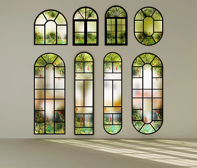 Elegant Casement Windows with Arched Design and Stained Glass in Various Styles 3d model