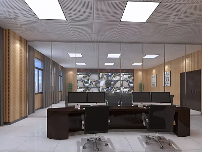 Modern Monitoring Room With Multiple Screens Desks Office Chairs And Ceiling Lighting 3d model