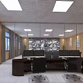 Modern Monitoring Room With Multiple Screens Desks Office Chairs And Ceiling Lighting