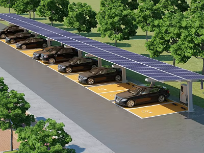 Solar Powered Road Facilities With Covered Parking Spaces And Parked Vehicles 3d model