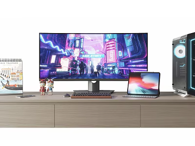 Modern Computer Workspace Featuring Large Monitor Laptop Desktop PC With Cyberpunk Cityscape 3d model