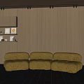 Yellow Velvet Sectional Sofa Against Wooden Wall With Black Tiled Floor And Shelf Decorations