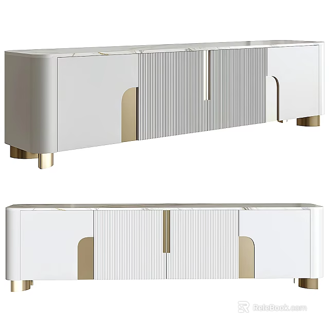 Modern White TV Stand With Ribbed Panels And Gold Metal Accents 3d model 
