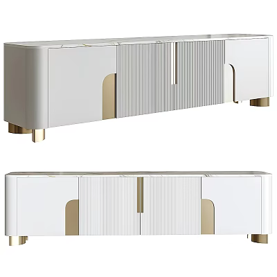 Modern White TV Stand With Ribbed Panels And Gold Metal Accents 3d model