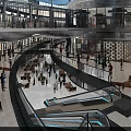 Modern Commercial Street With Multi Level Glass Facades Shops Pedestrians And Escalators