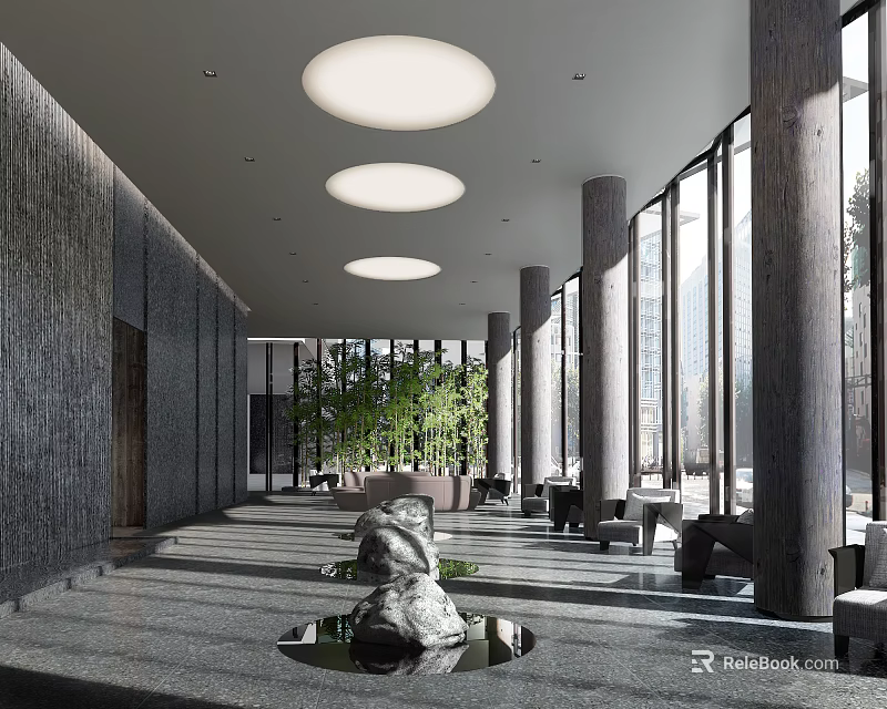 Hotel Lobby Interior Design With Large Windows Columns Bamboo Plants Round Lights And Seating Area 3d model 