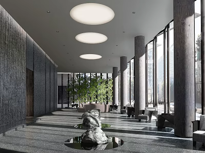 Hotel Lobby Interior Design With Large Windows Columns Bamboo Plants Round Lights And Seating Area 3d model