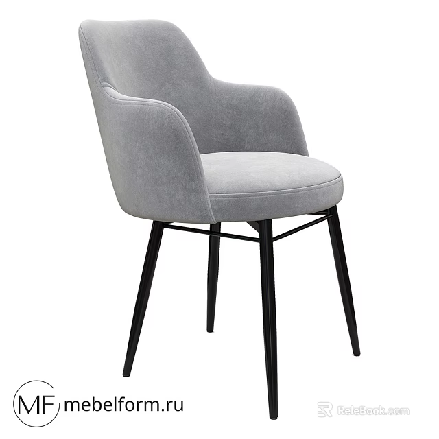 Modern Grey Upholstered Single Chair with Armrests and Black Metal Legs 3d model 