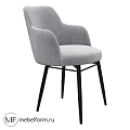 Modern Grey Upholstered Single Chair with Armrests and Black Metal Legs