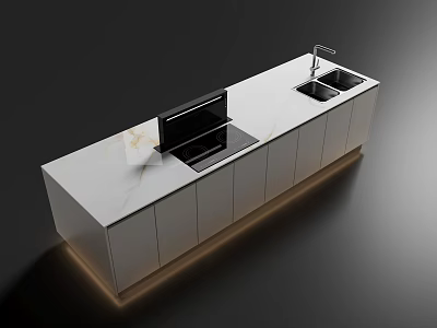 Modern Kitchen Island With White Marble Countertop Sink And Illuminated Cabinets 3d model