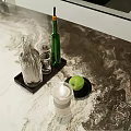 Elegant Wine Bottle And Glass On Modern Kitchen Marble Countertop With Tray Apple And Candle