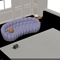 Purple Multi Person Sofa With Tufted Design Orange Pillow By Window With Mountain View