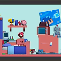 Cartoon Room Interior Featuring Pink Bed Desk Blue Rug Window Curtains Wall Posters And Toys