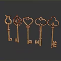 Golden Decorative Keys With Different Ornate Shapes On Dark Reflective Background
