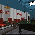Billiard Room With Blue Walls Red FRANCHISE Lettering Orange Sofas And Pendant Lights