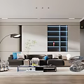 Modern Living Room With Black Sofa Blue Cushions Glass Coffee Table And Blue Lit Bookshelf