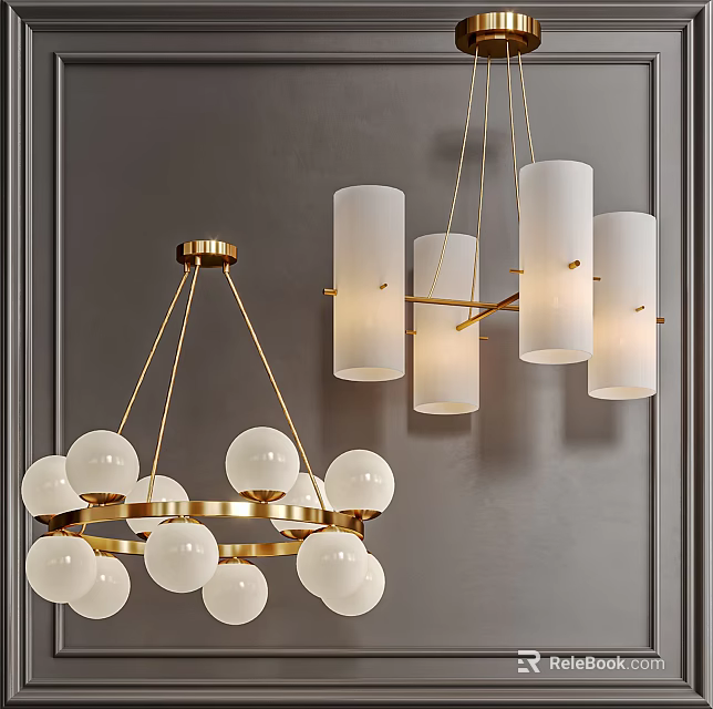 Modern Gold White Chandeliers With Spherical And Cylindrical Shades On Horizontal Bar Against Gray Wall 3d model 