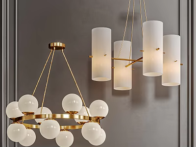 Modern Gold White Chandeliers With Spherical And Cylindrical Shades On Horizontal Bar Against Gray Wall 3d model